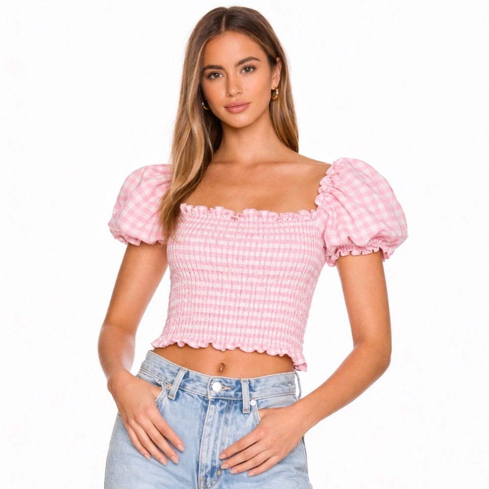 CHASER 💗 Pink Gingham Smock Puff Sleeve Top